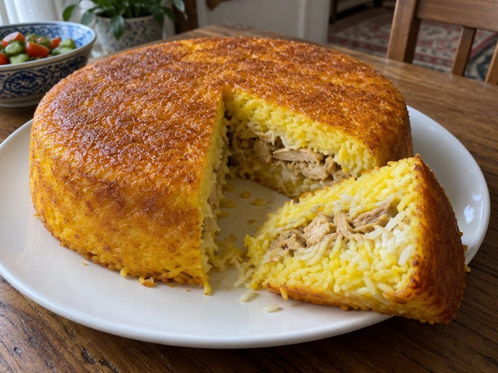 ته چین إيراني (كعكة أرز بالزعفران والدجاج)