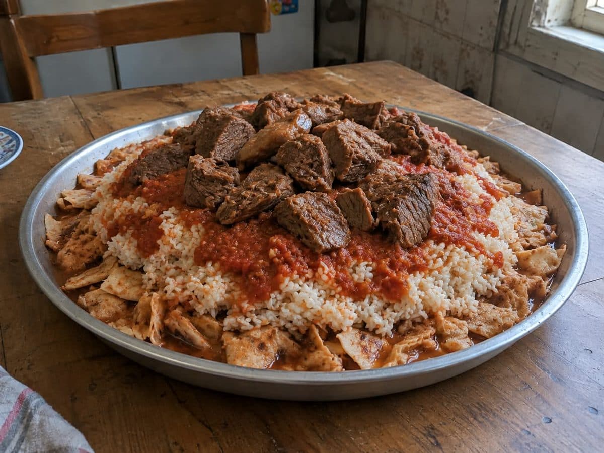 فتة مصرية باللحم والأرز والصلصة بالخل والثوم